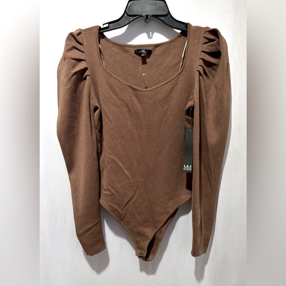 Women's Medium Coffee Bodysuit Ribbed Ruffled Long Sleeve V-Neck - Size L - Picture 1 of 12
